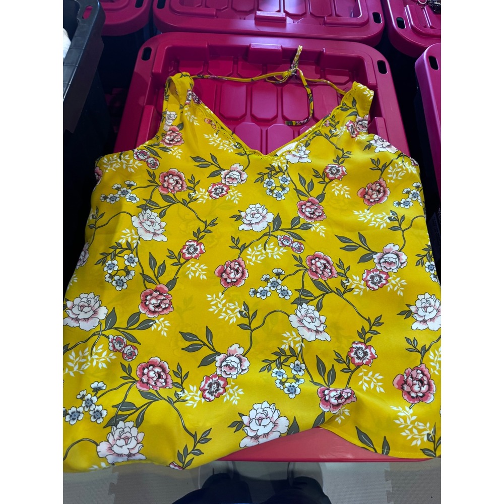 Loft Outlet Womens XL Yellow Floral V-Neck Sleeveless Blouse Crochet Trim Top